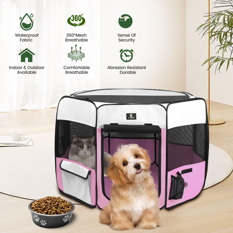 X-ZONE PET Dog Playpen Portable Pet Play Pens for Puppies, Cat, Rabbit, Chicks, Foldable Exercise Play Tent Kennel Crate, Indoor/Outdoor Travel Camping Pink Large - Image 2